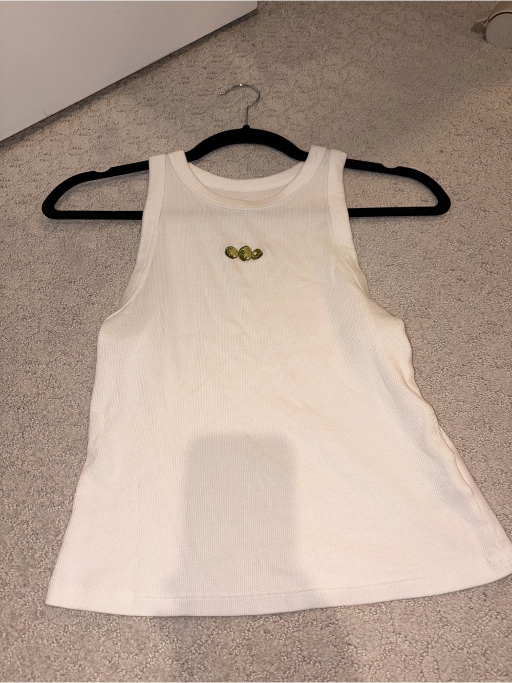 White Ribbed Tank Top with Green Embroidered Detail